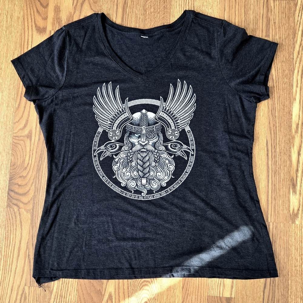 Nordic Viking T-Shirt Black Cap Sleeve Pagan Valhalla Prayer, Unbranded Sz L